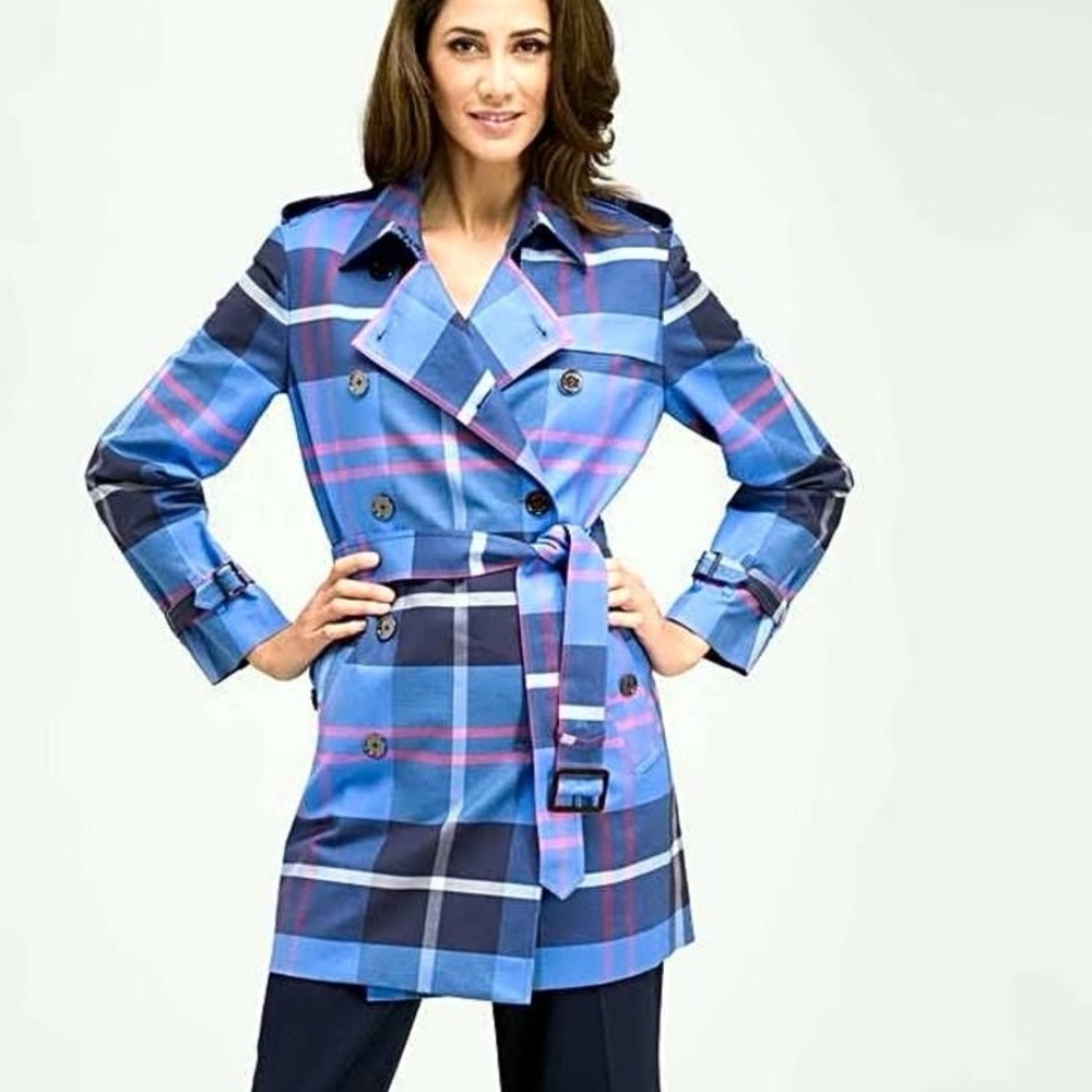 Jones New York Women's Size 12 Pink Blue White & Black Plaid Trench Coat Jacket